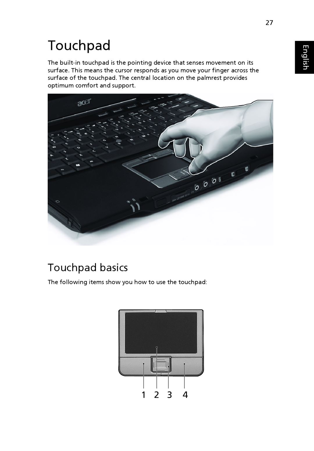 Acer 6492 Series, 6492G manual Touchpad basics, English 