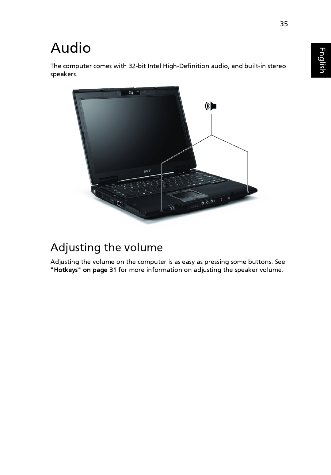 Acer 6492 Series, 6492G manual Audio, Adjusting the volume, English 
