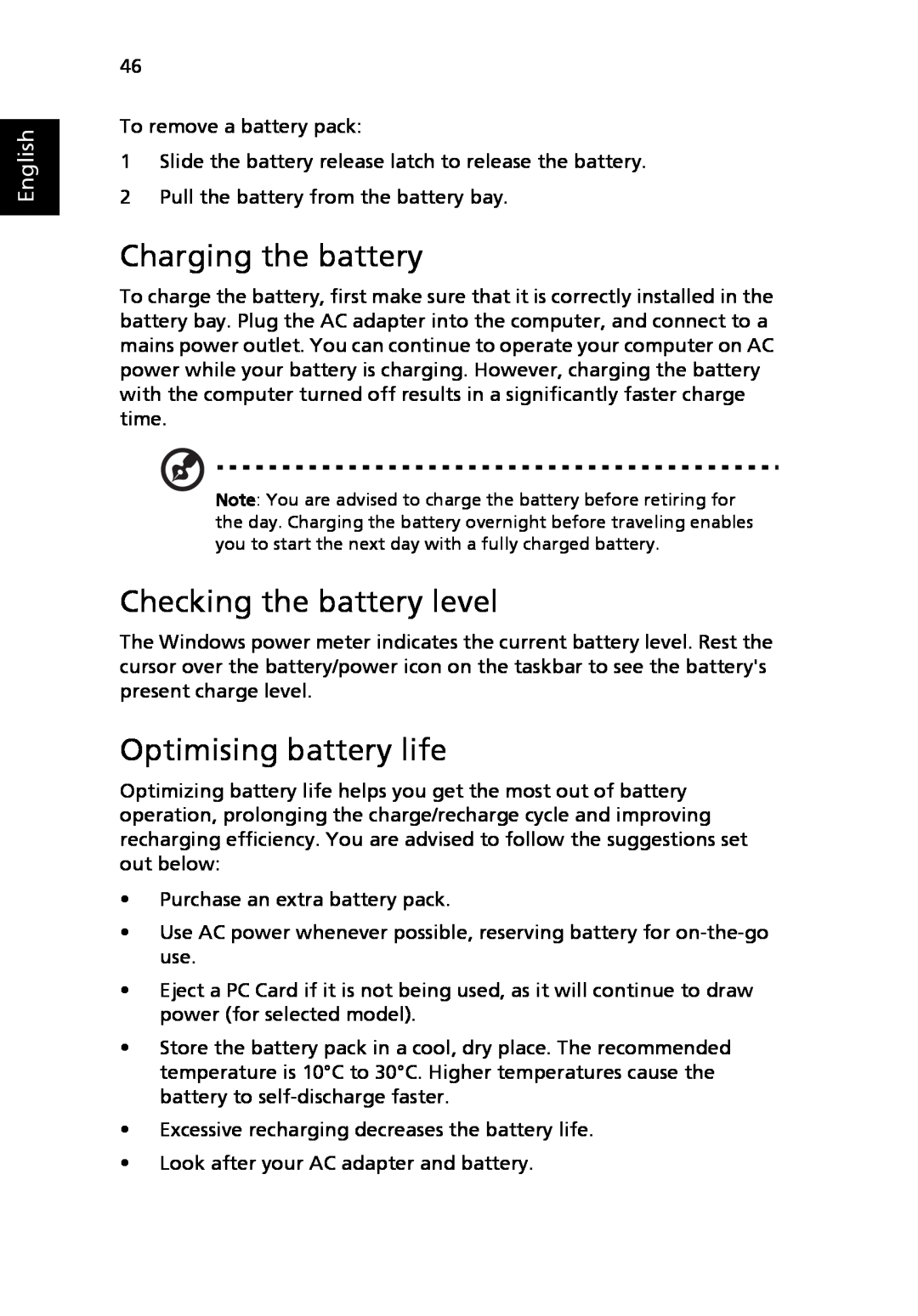 Acer 6492G, 6492 Series manual Charging the battery, Checking the battery level, Optimising battery life, English 