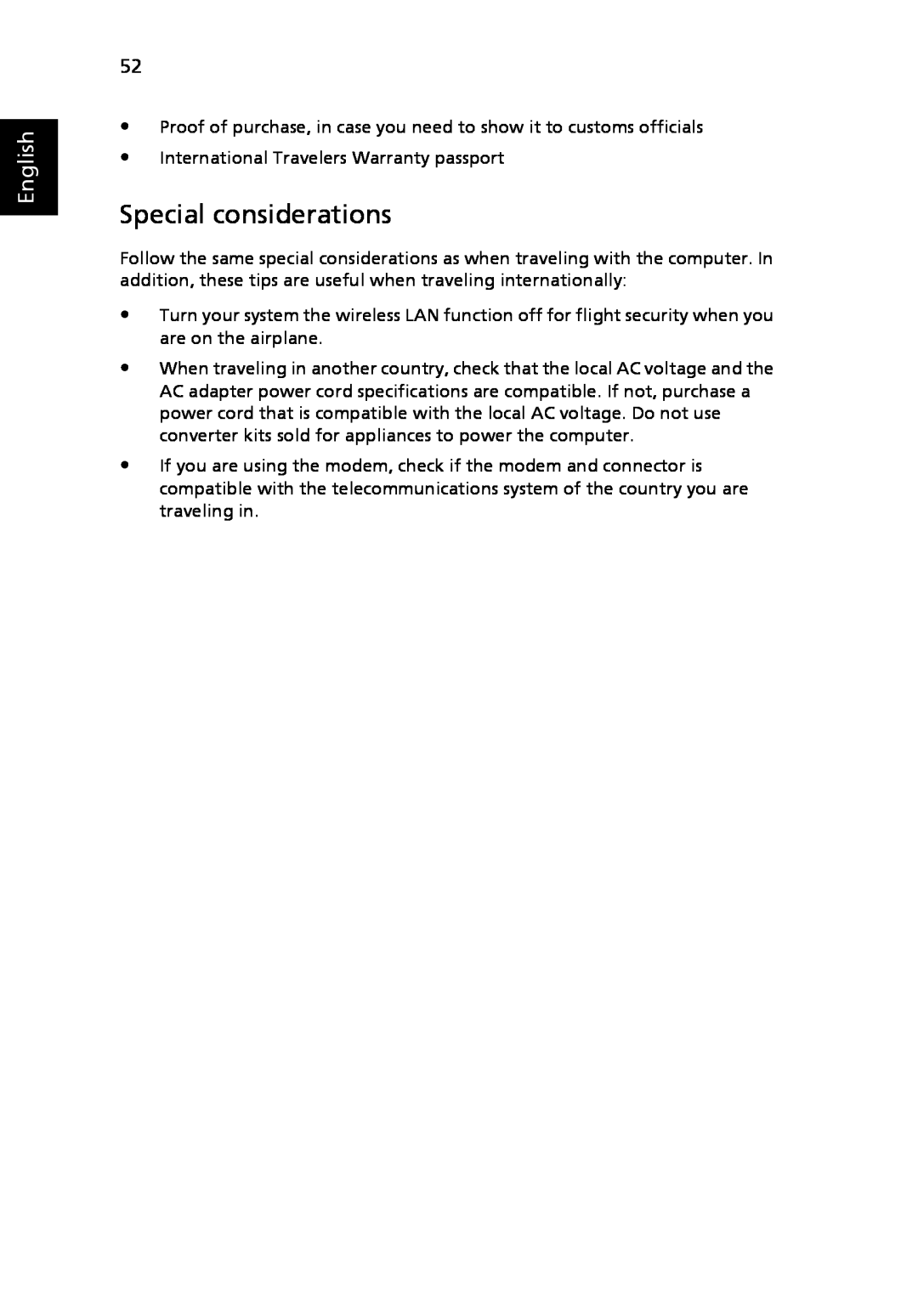 Acer 6492G manual Special considerations, English, Proof of purchase, in case you need to show it to customs officials 