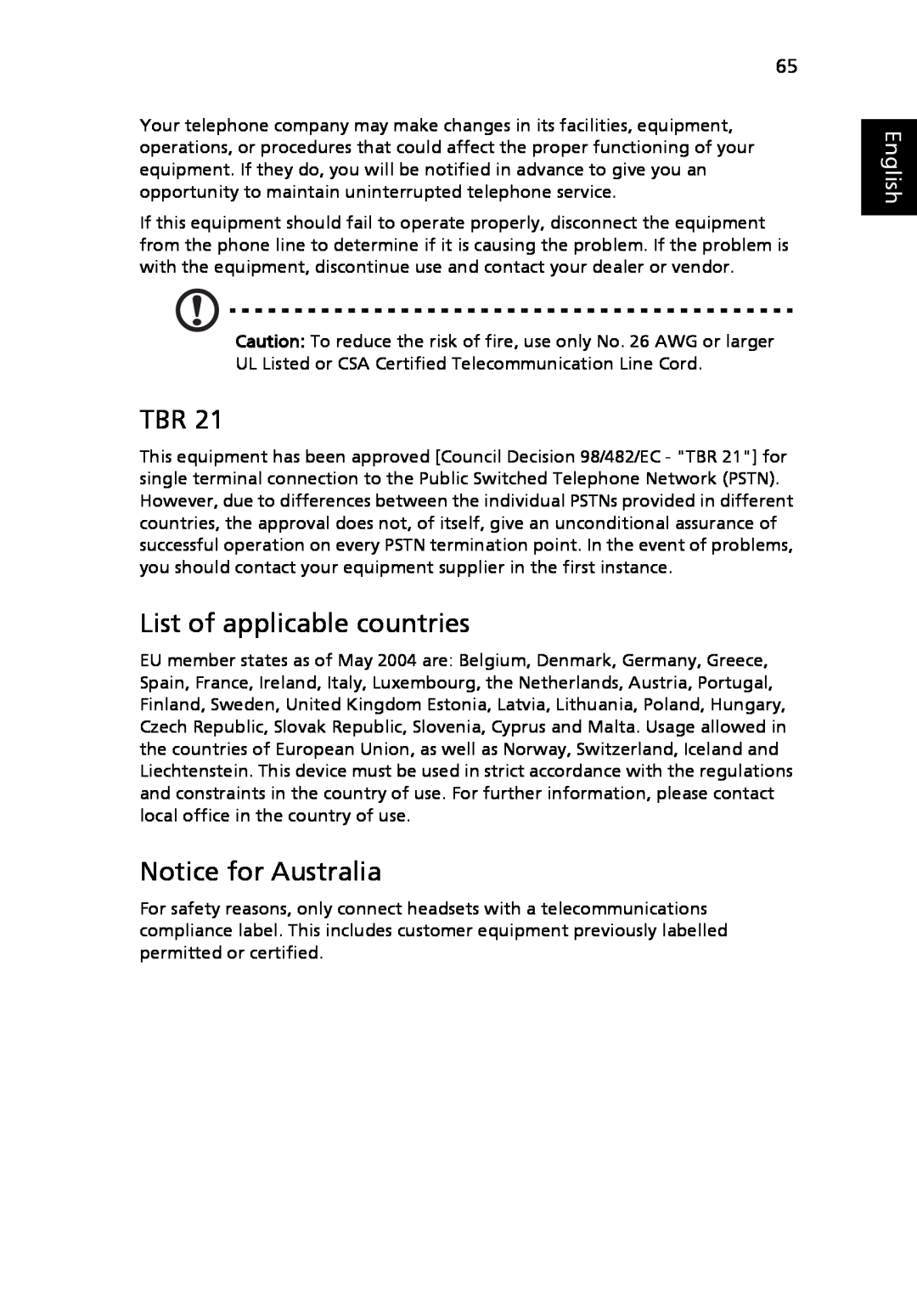 Acer 6492 Series, 6492G manual List of applicable countries, Notice for Australia, English 