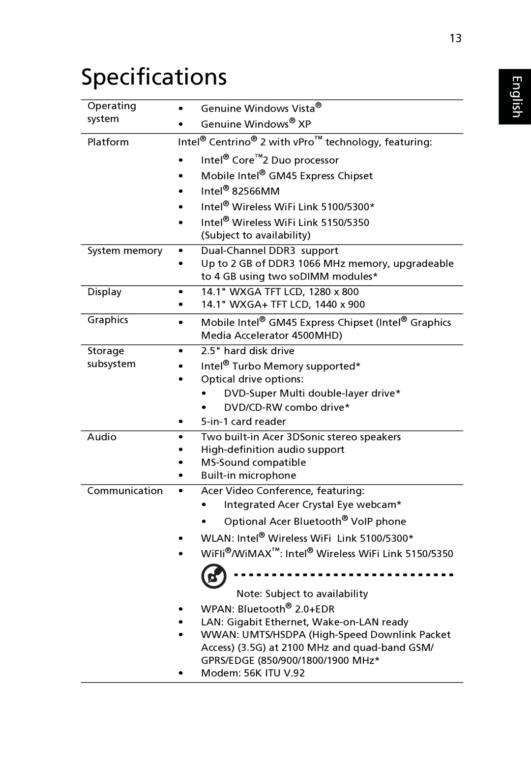 Acer 6493 Series manual Specifications 