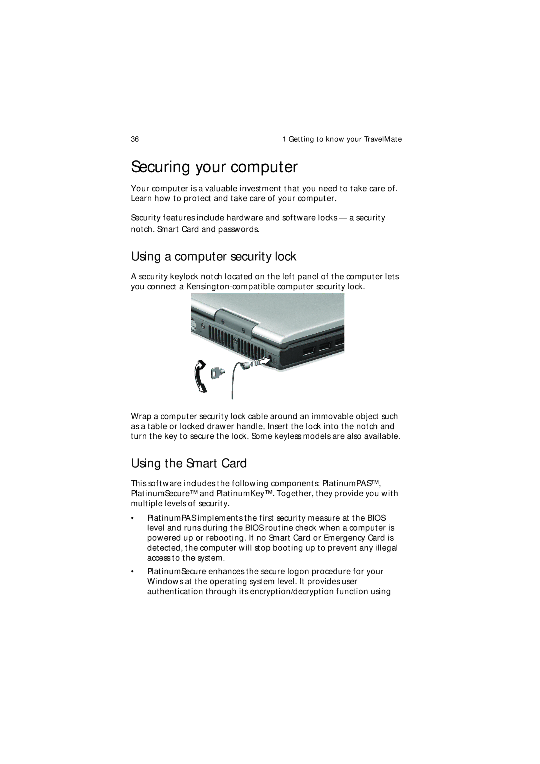 Acer 650 Series manual Securing your computer, Using a computer security lock, Using the Smart Card 