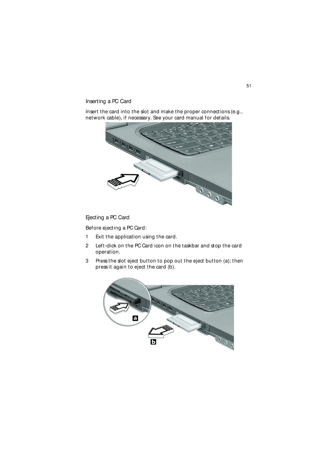 Acer 650 Series manual Inserting a PC Card, Ejecting a PC Card 