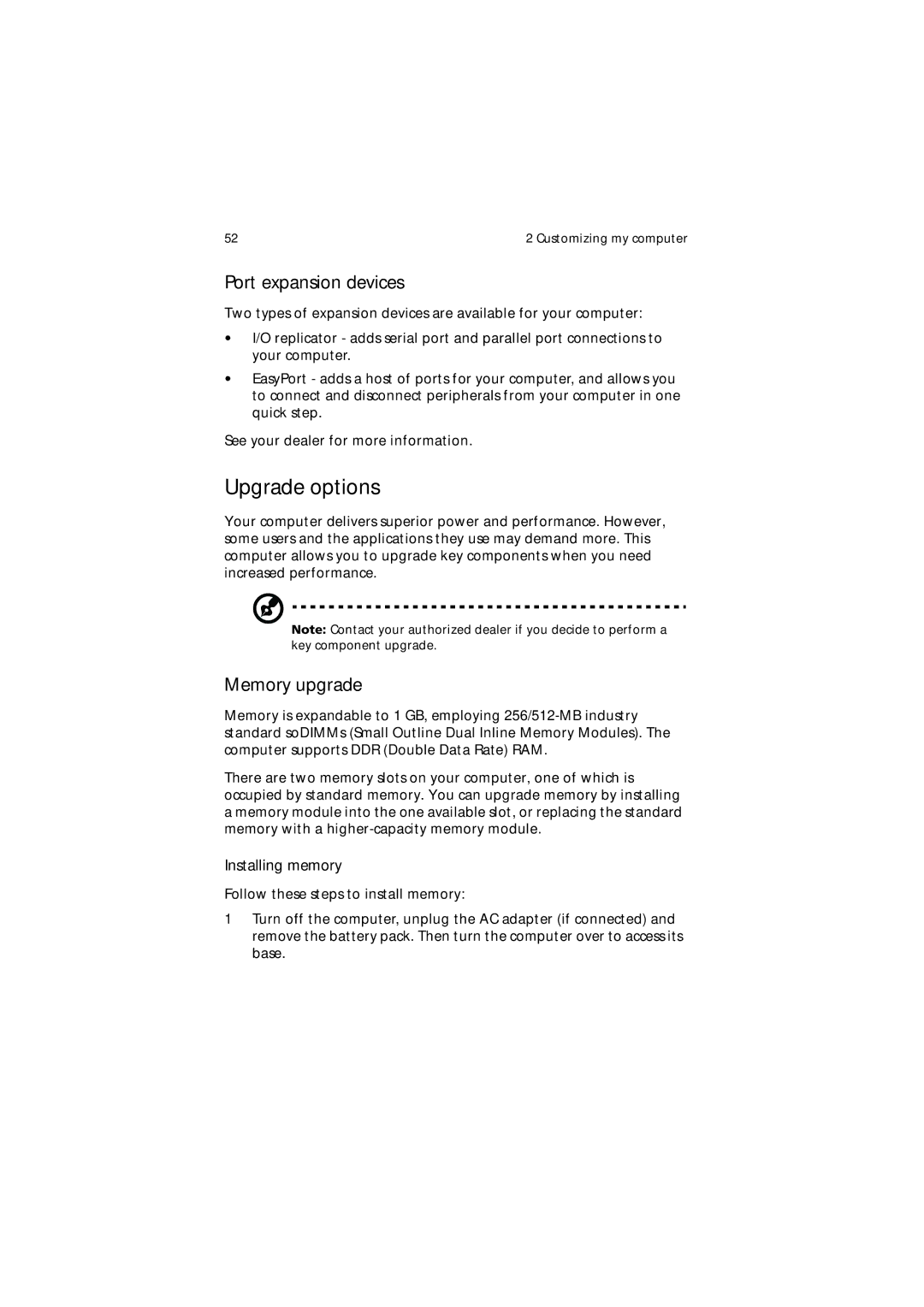 Acer 650 Series manual Upgrade options, Port expansion devices, Memory upgrade, Installing memory 