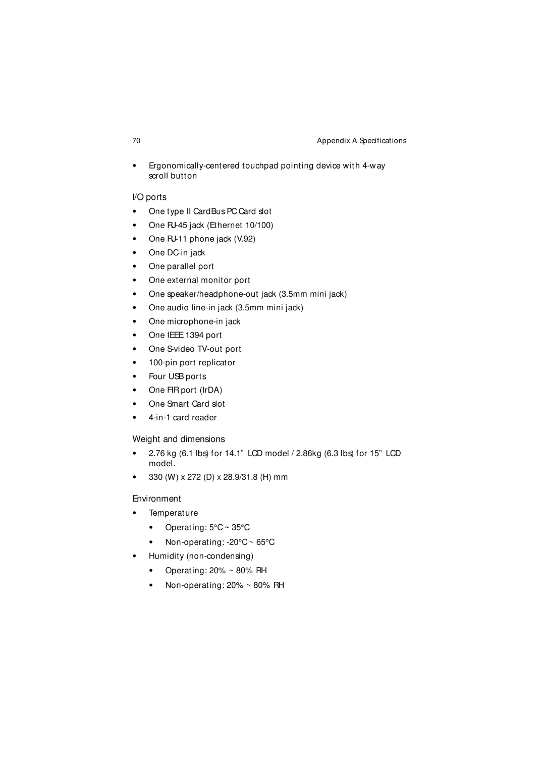 Acer 650 Series manual Ports, Weight and dimensions, Environment 