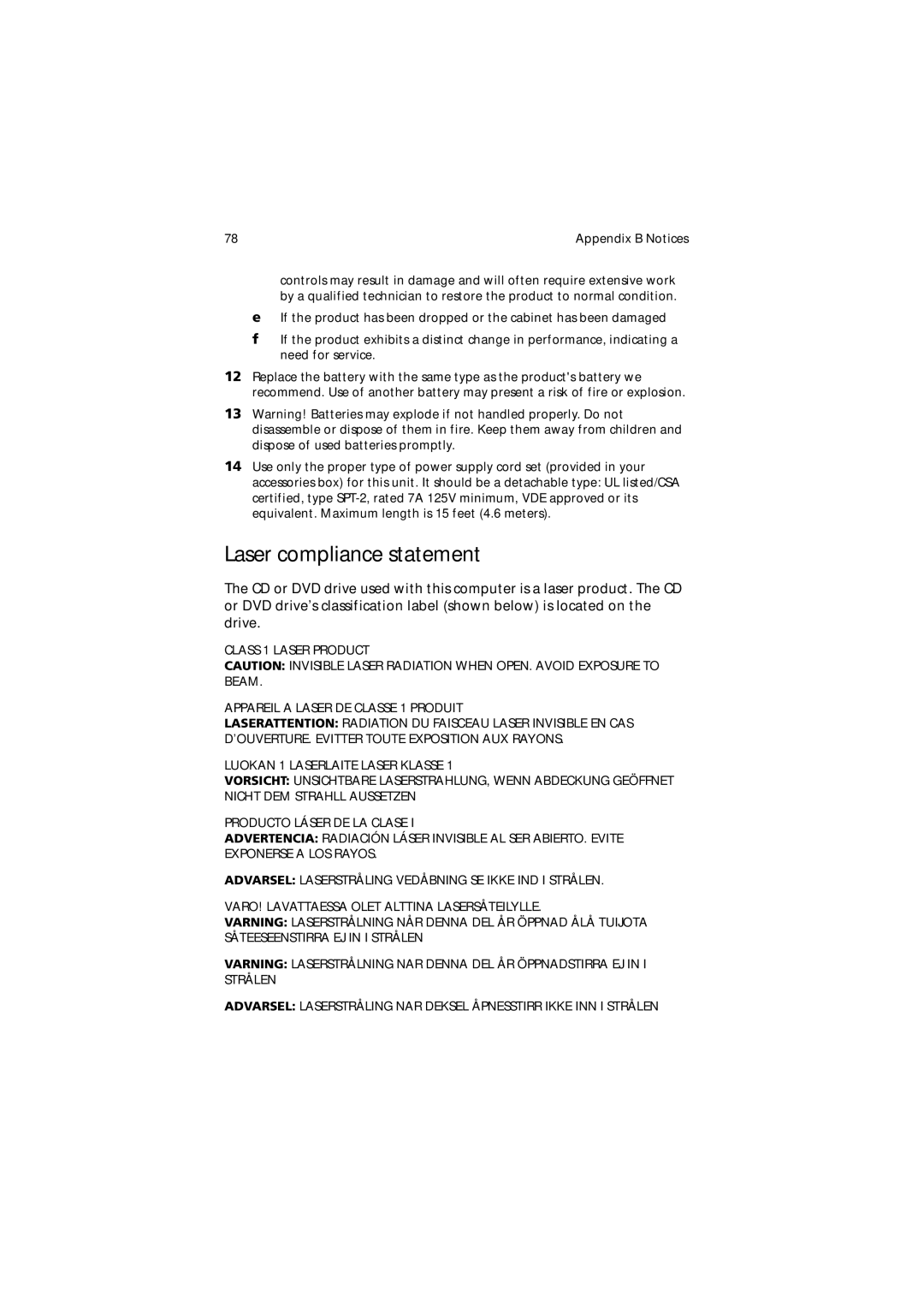 Acer 650 Series manual Laser compliance statement 