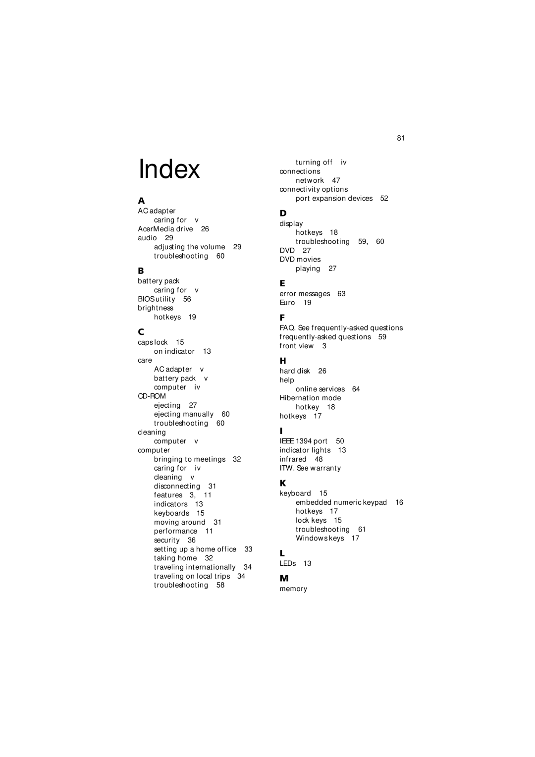 Acer 650 Series manual Index 