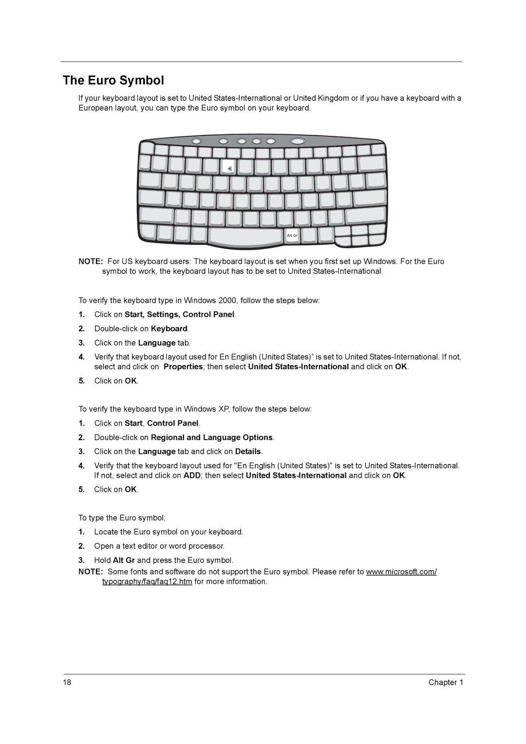 Acer 650 manual Euro Symbol, Click on Start, Settings, Control Panel 