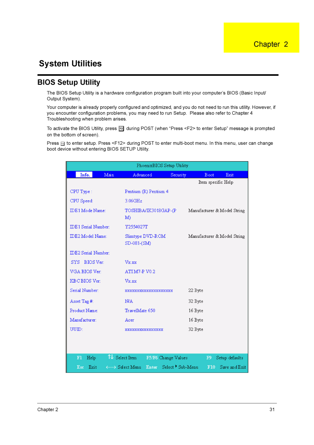 Acer 650 manual System Utilities, Bios Setup Utility 