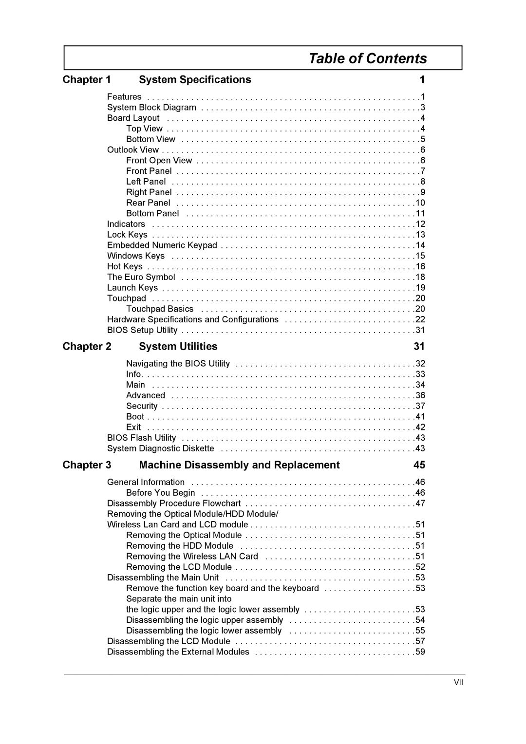 Acer 650 manual Table of Contents 