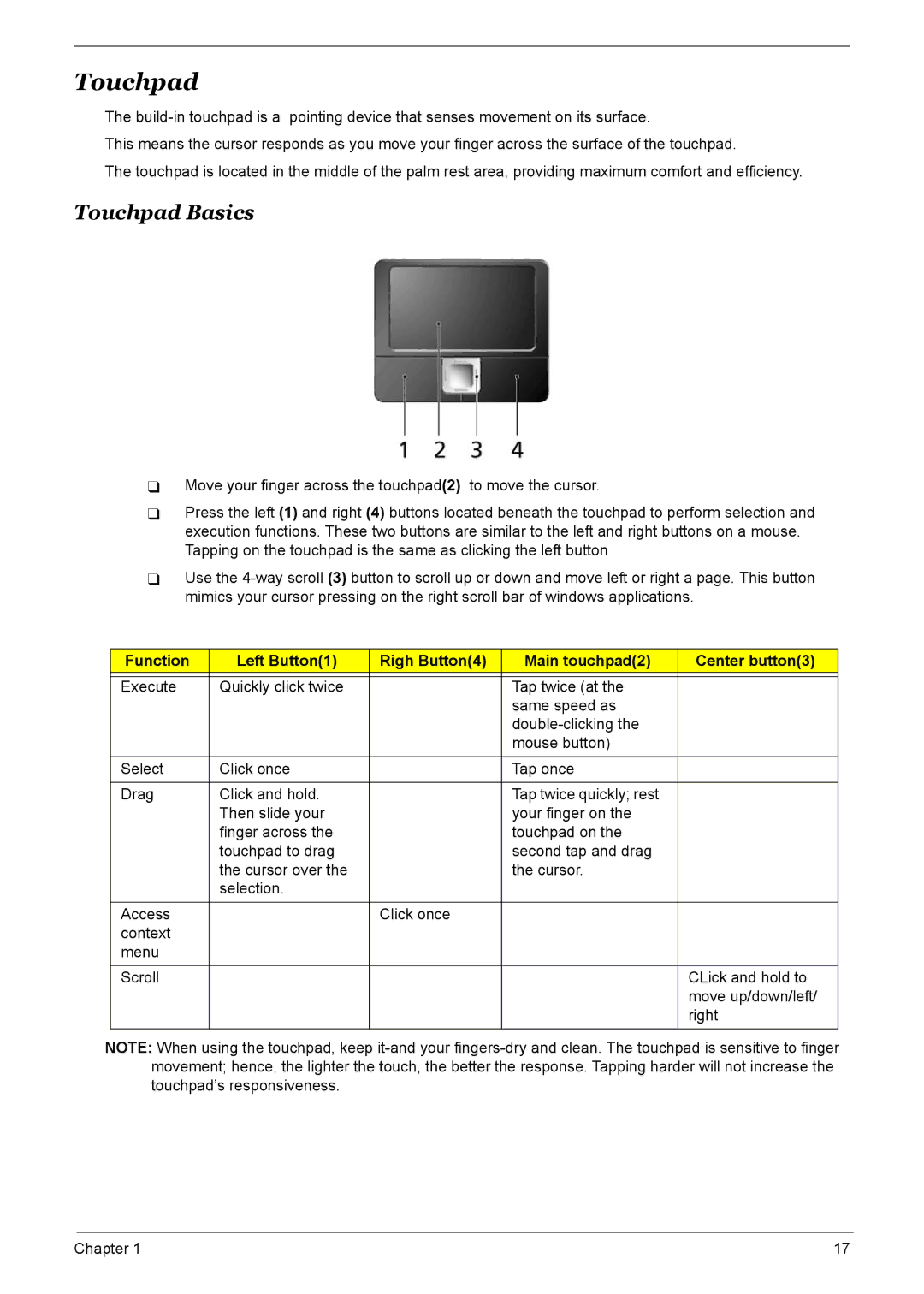 Acer 9510, 6500, 9520 manual Touchpad Basics 