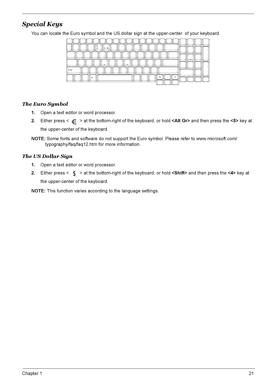 Acer 6500, 9520, 9510 manual Special Keys, Euro Symbol, US Dollar Sign 