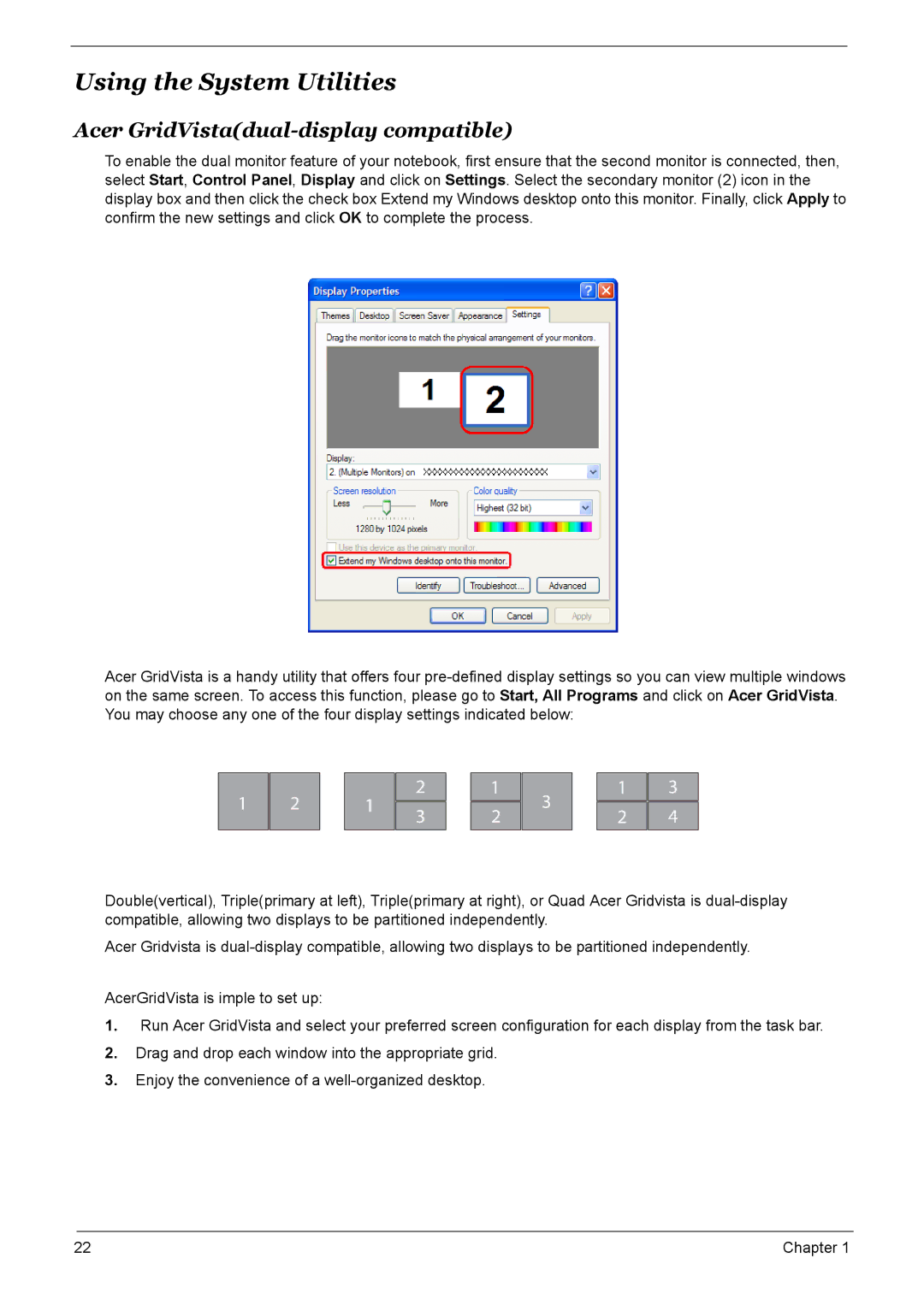 Acer 9520, 6500, 9510 manual Using the System Utilities, Acer GridVistadual-display compatible 