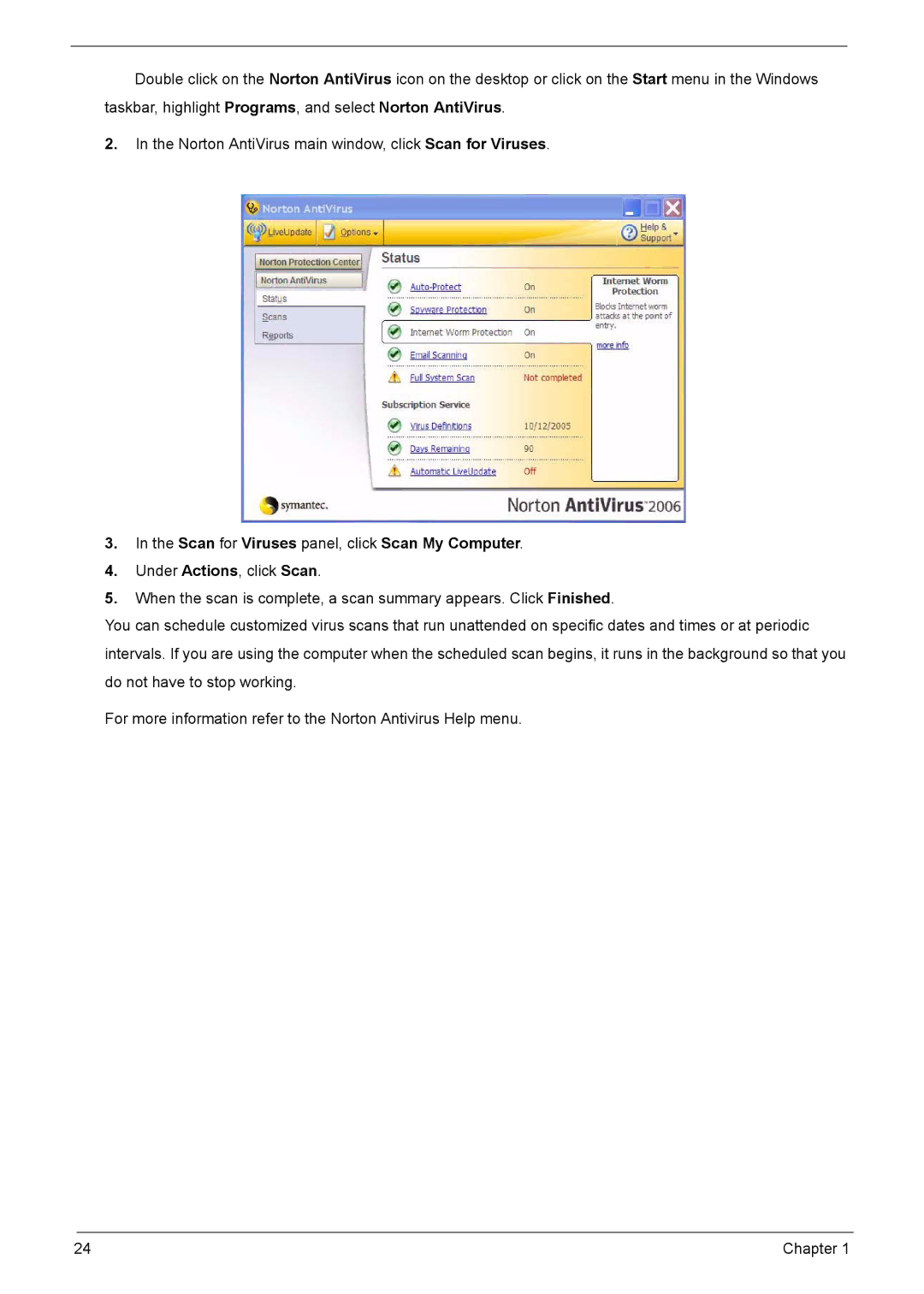 Acer 6500, 9520, 9510 manual Scan for Viruses panel, click Scan My Computer 