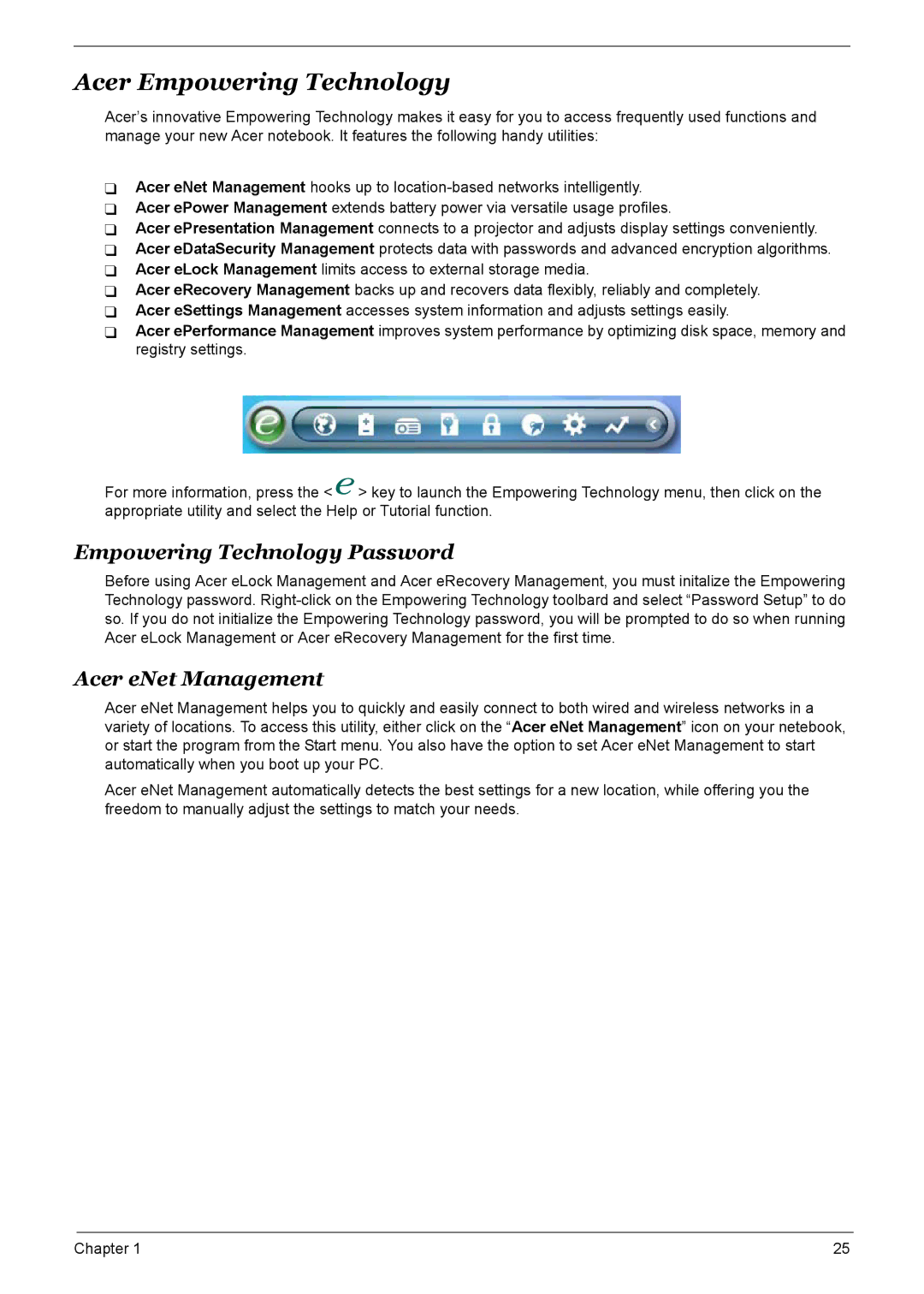 Acer 9520, 6500, 9510 manual Acer Empowering Technology, Empowering Technology Password, Acer eNet Management 