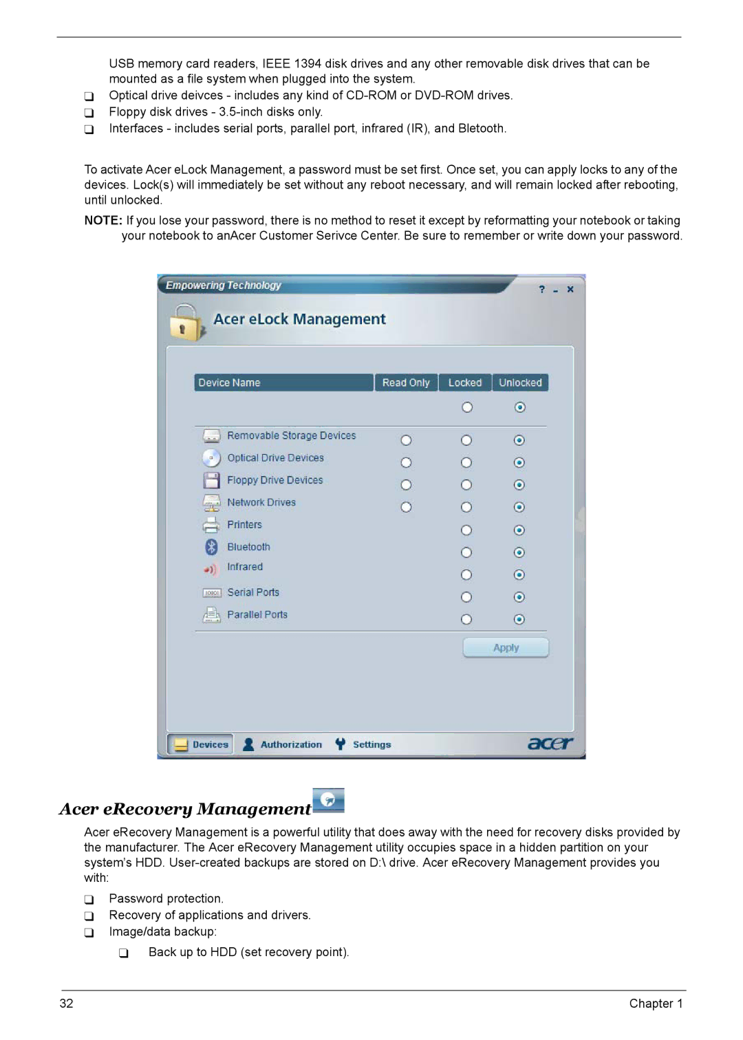 Acer 9510, 6500, 9520 manual Acer eRecovery Management 