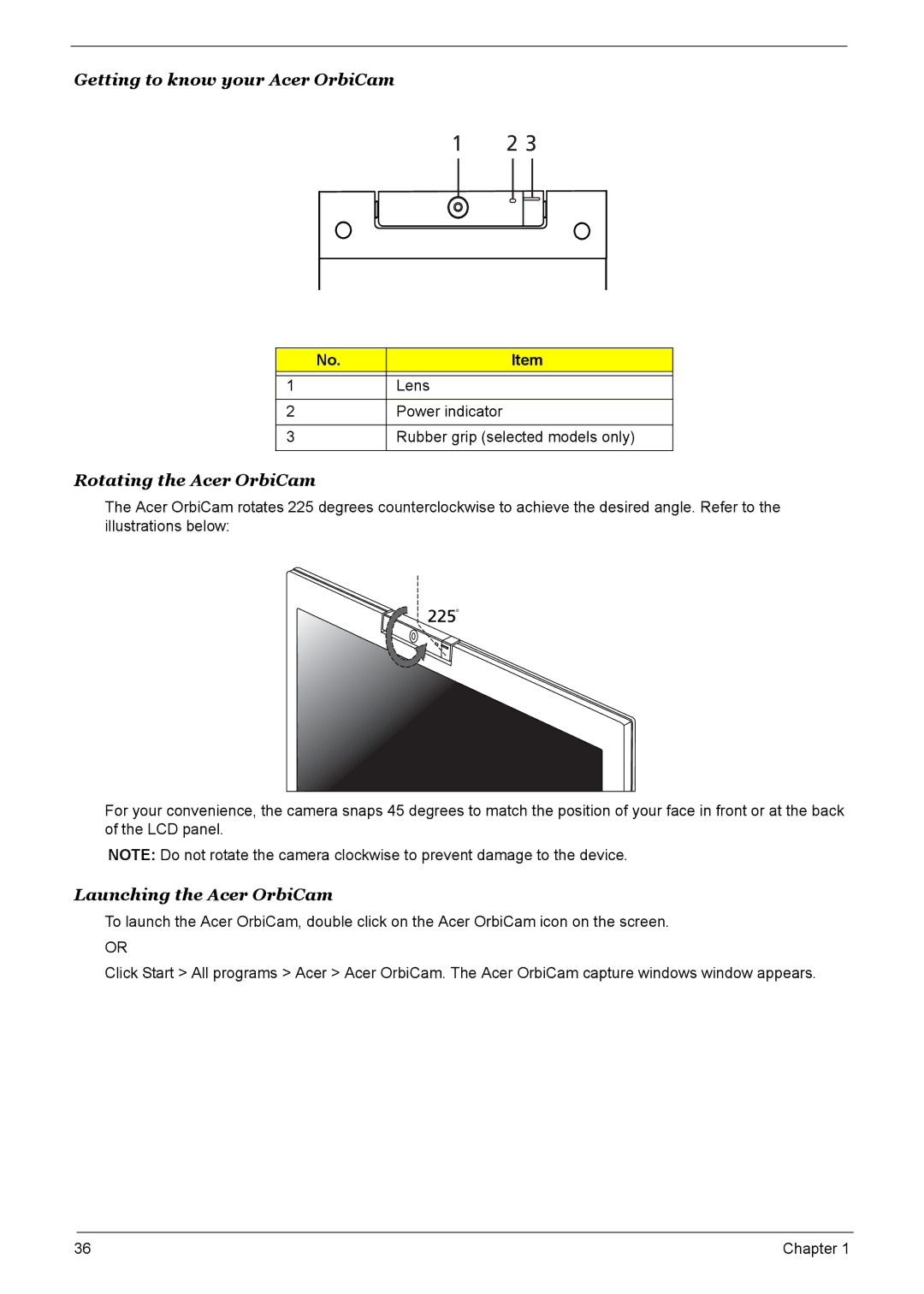 Acer 6500, 9520, 9510 manual Getting to know your Acer OrbiCam, Rotating the Acer OrbiCam, Launching the Acer OrbiCam 