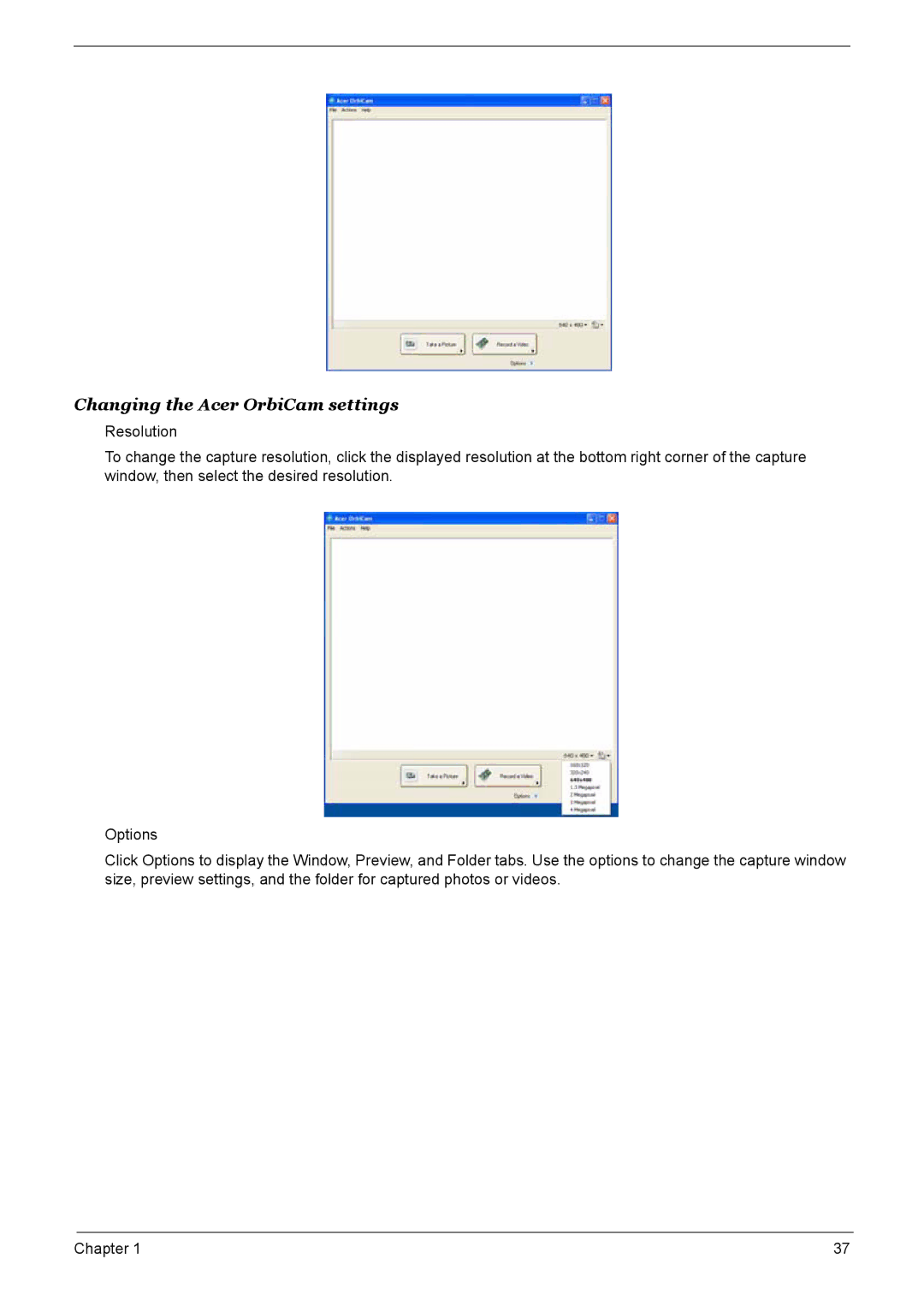 Acer 9520, 6500, 9510 manual Changing the Acer OrbiCam settings 