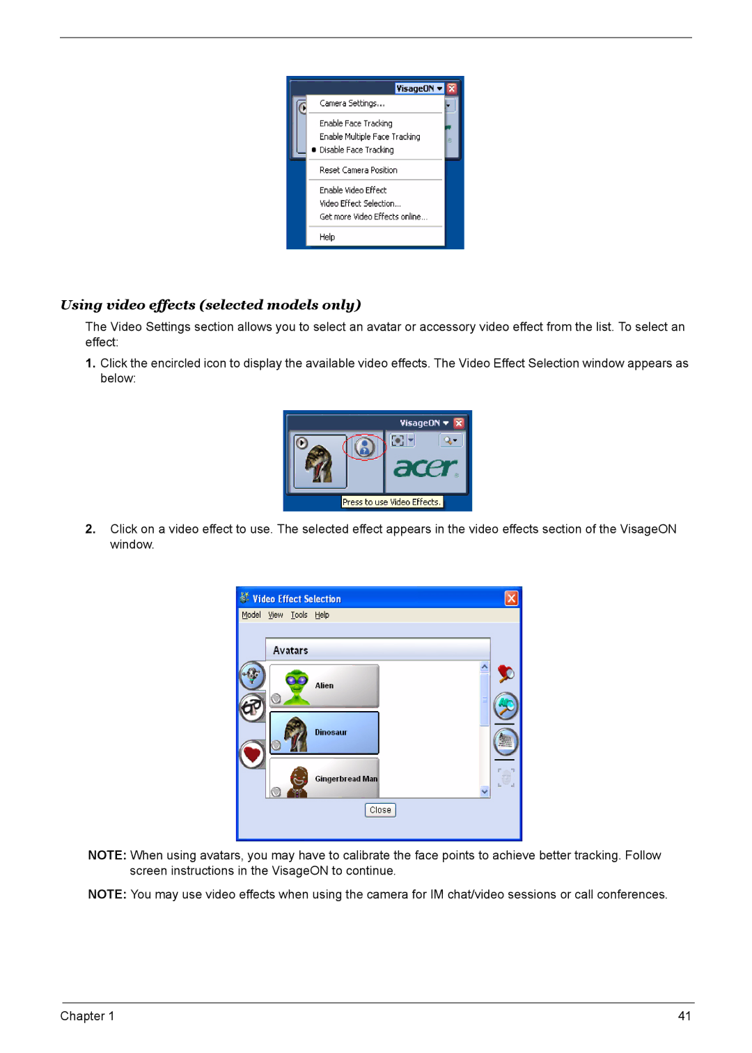 Acer 9510, 6500, 9520 manual Using video effects selected models only 