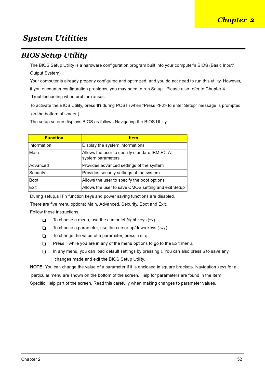 Acer 9520, 6500, 9510 manual Bios Setup Utility, Function 