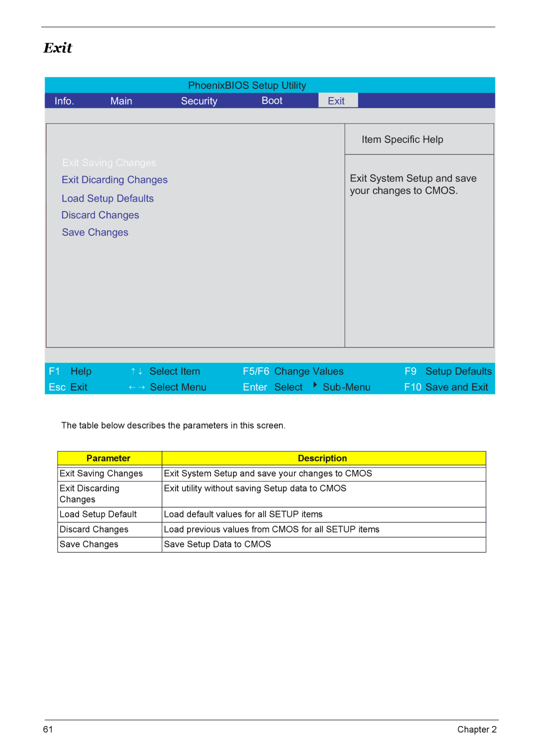 Acer 9520, 6500, 9510 manual Exit, Info Main Security Boot 