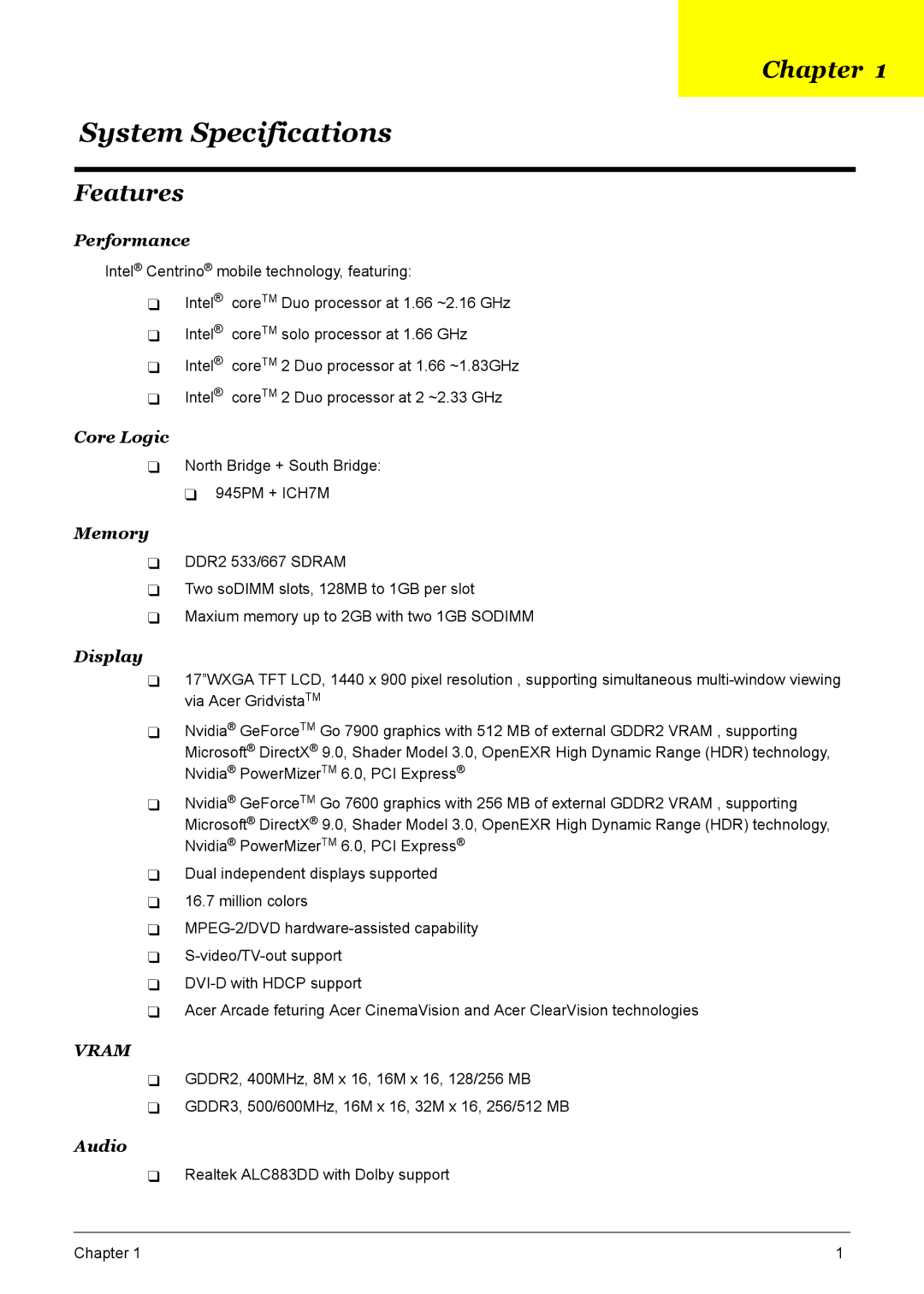 Acer 9520, 6500, 9510 manual Chapter, Features 