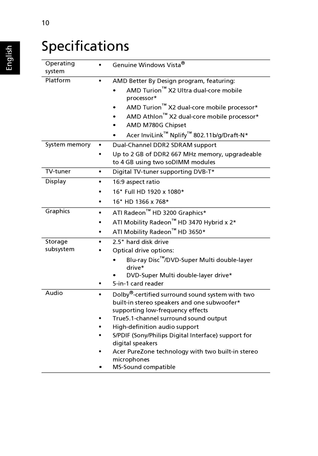 Acer 6530 Series manual Specifications 