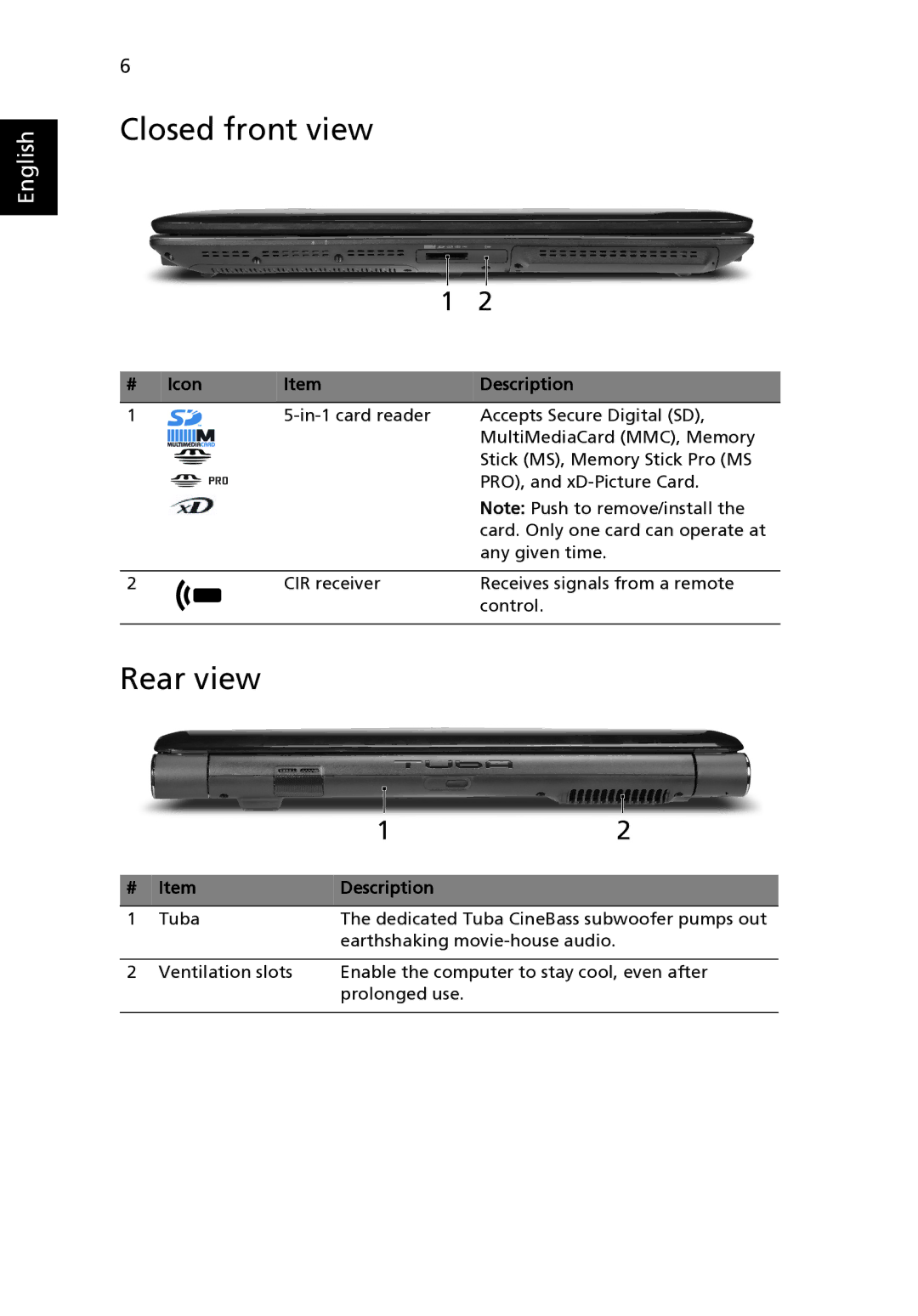 Acer 6530 Series manual Closed front view, Rear view 