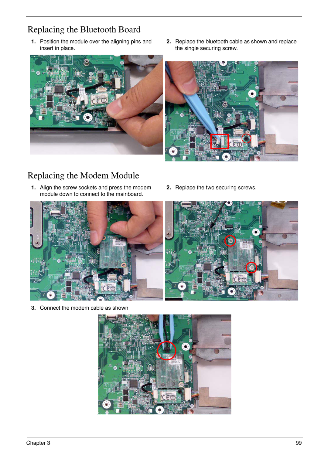 Acer 6530 manual Replacing the Bluetooth Board, Replacing the Modem Module 