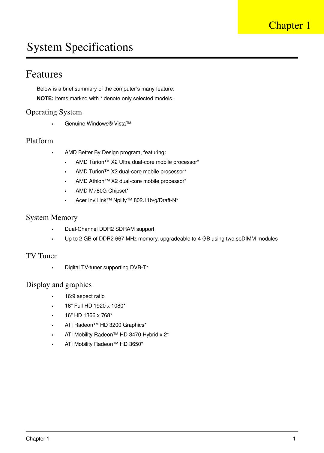 Acer 6530 manual Chapter, Features 