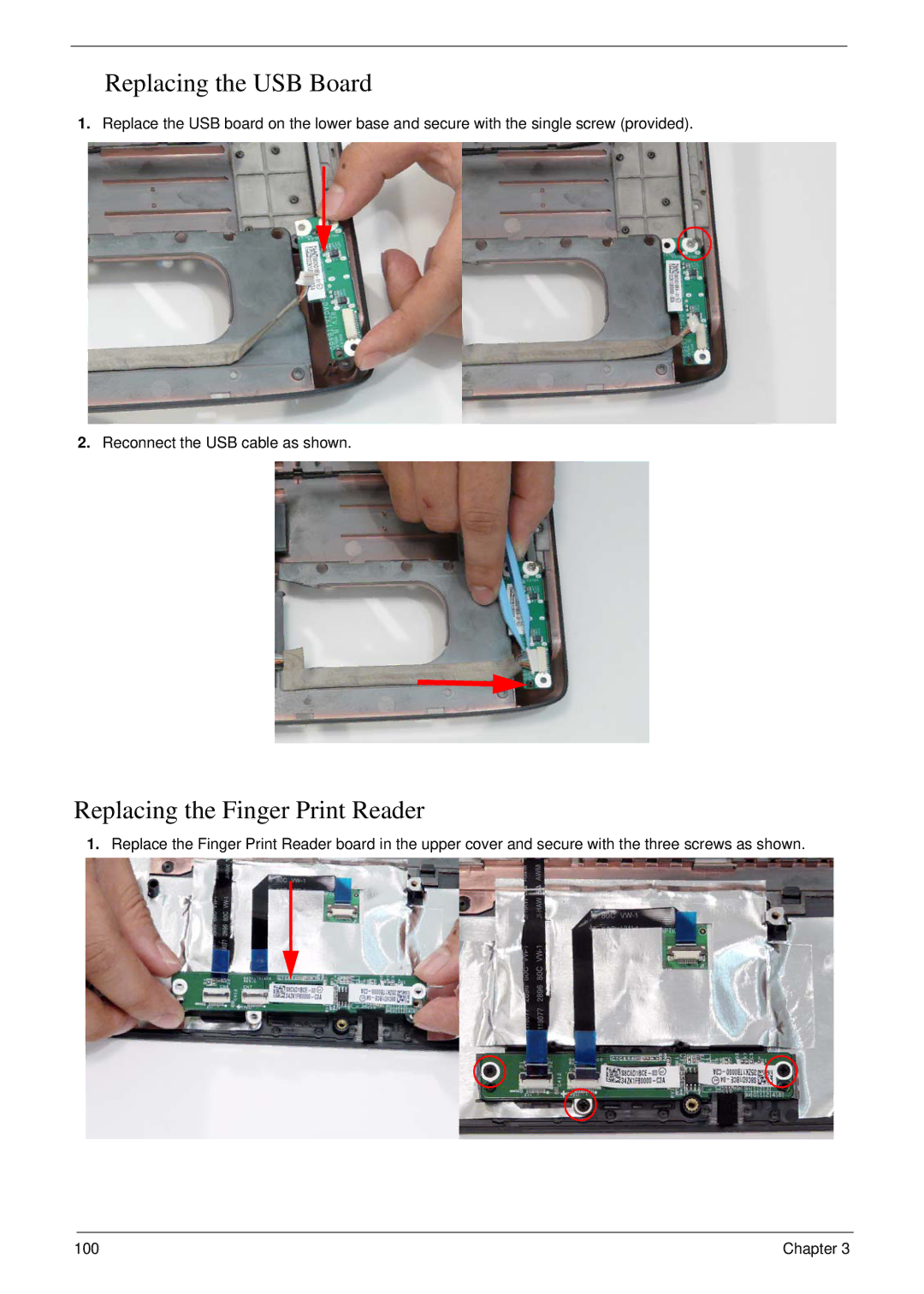 Acer 6530 manual Replacing the USB Board, Replacing the Finger Print Reader 