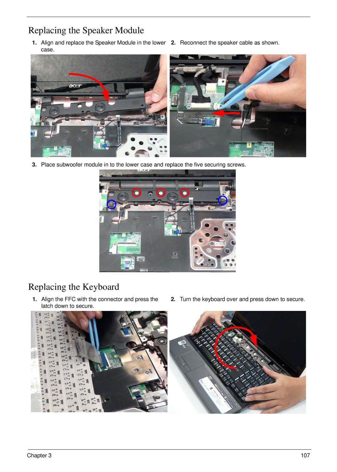 Acer 6530 manual Replacing the Speaker Module, Replacing the Keyboard 