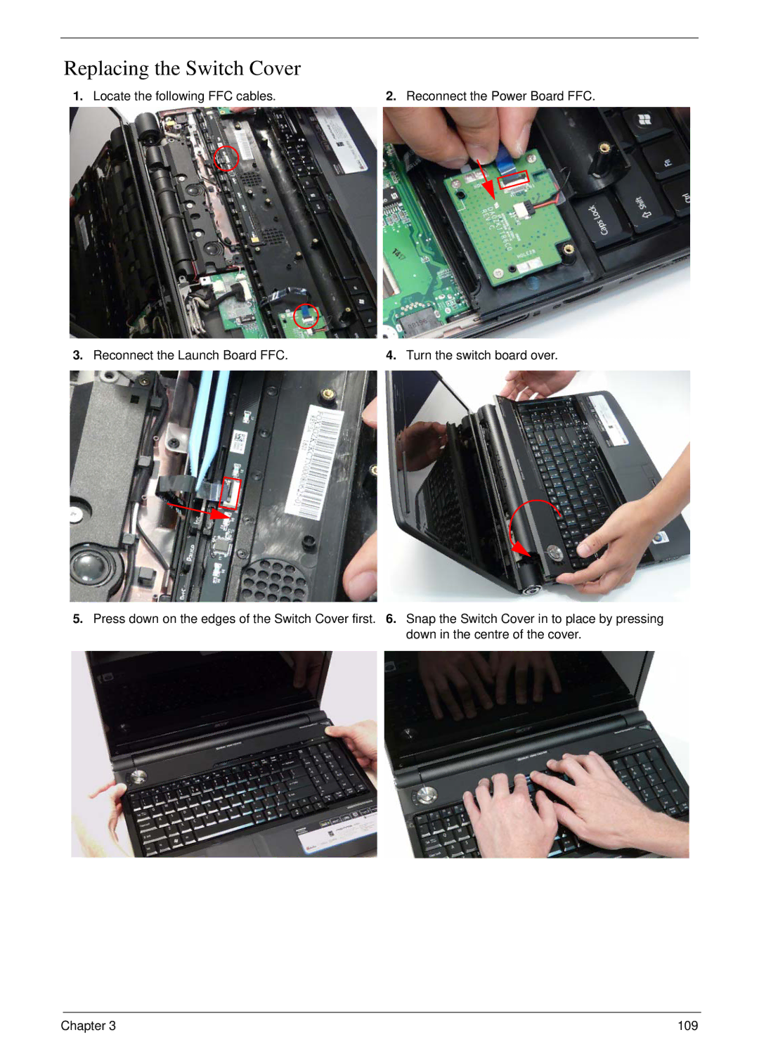 Acer 6530 manual Replacing the Switch Cover 