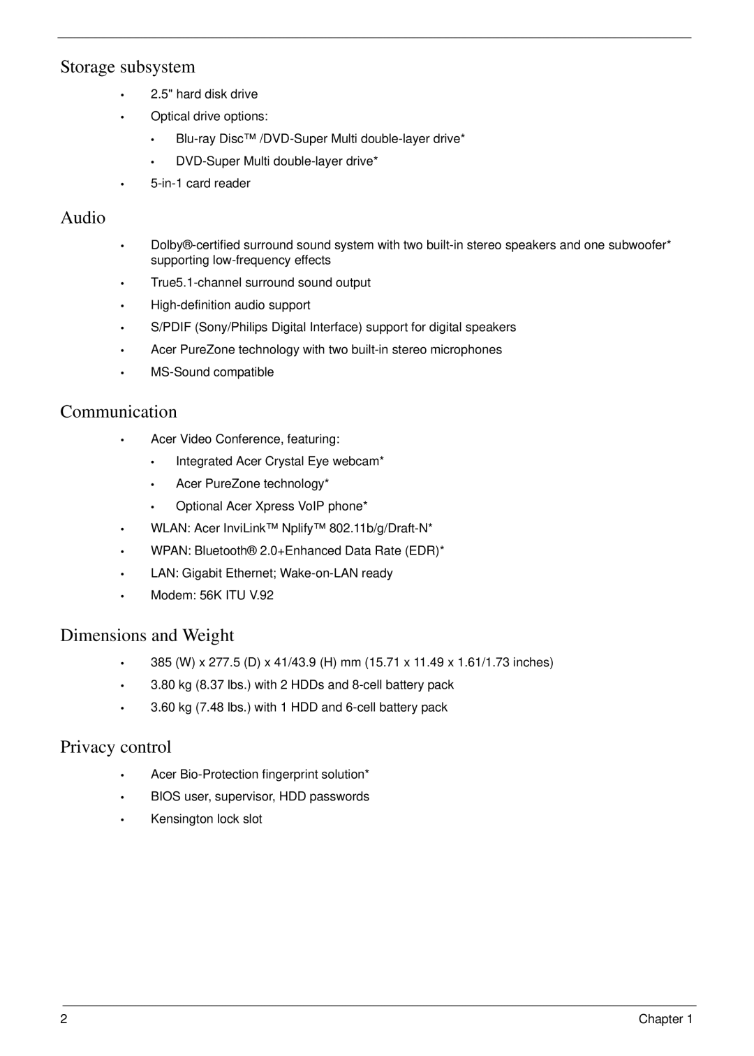 Acer 6530 manual Storage subsystem, Audio, Communication, Dimensions and Weight, Privacy control 