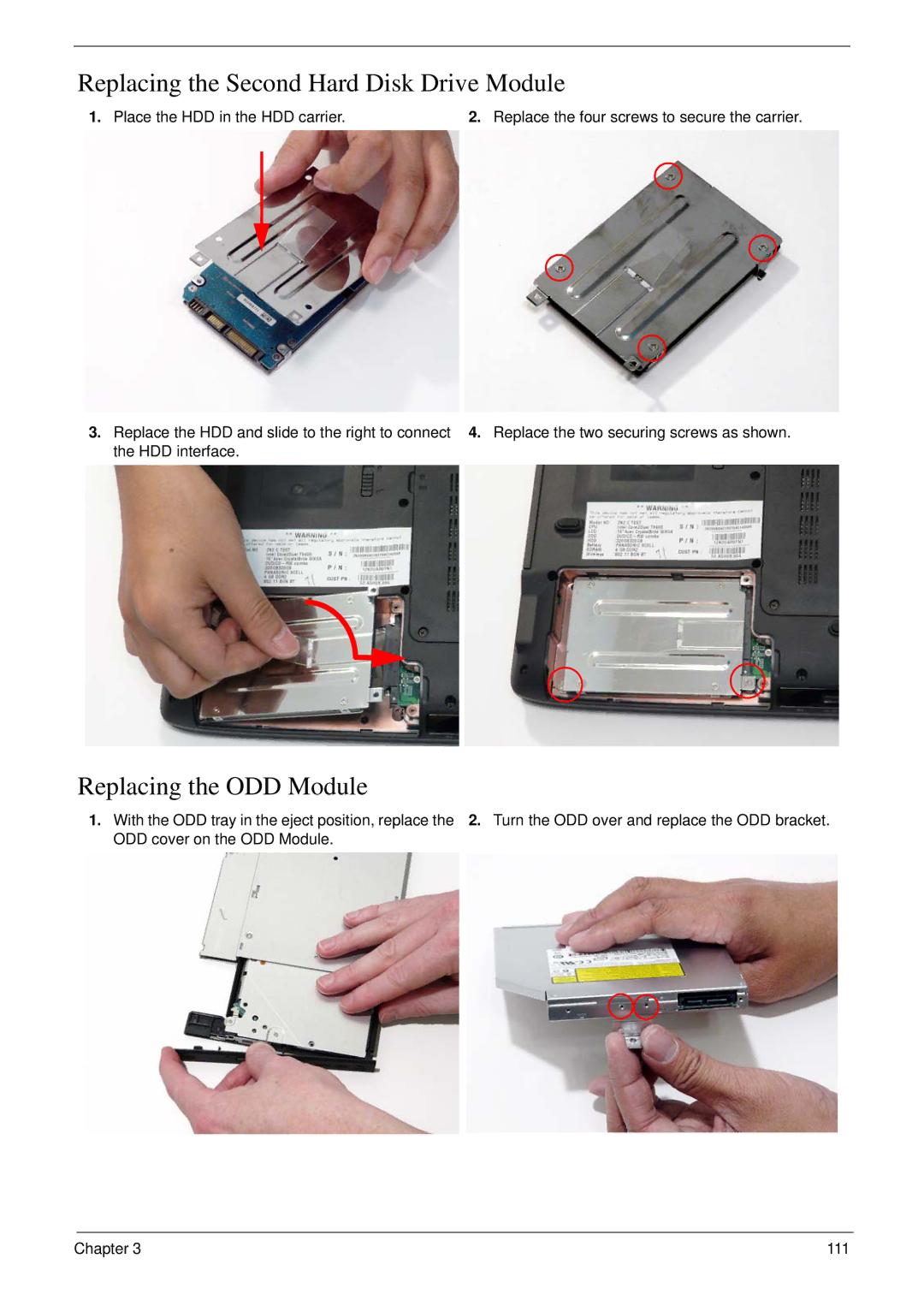 Acer 6530 manual Replacing the Second Hard Disk Drive Module, Replacing the ODD Module, Place the HDD in the HDD carrier 