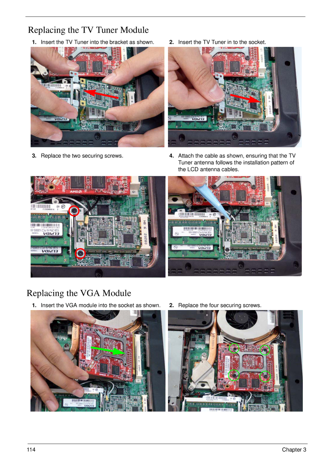 Acer 6530 manual Replacing the TV Tuner Module, Replacing the VGA Module 