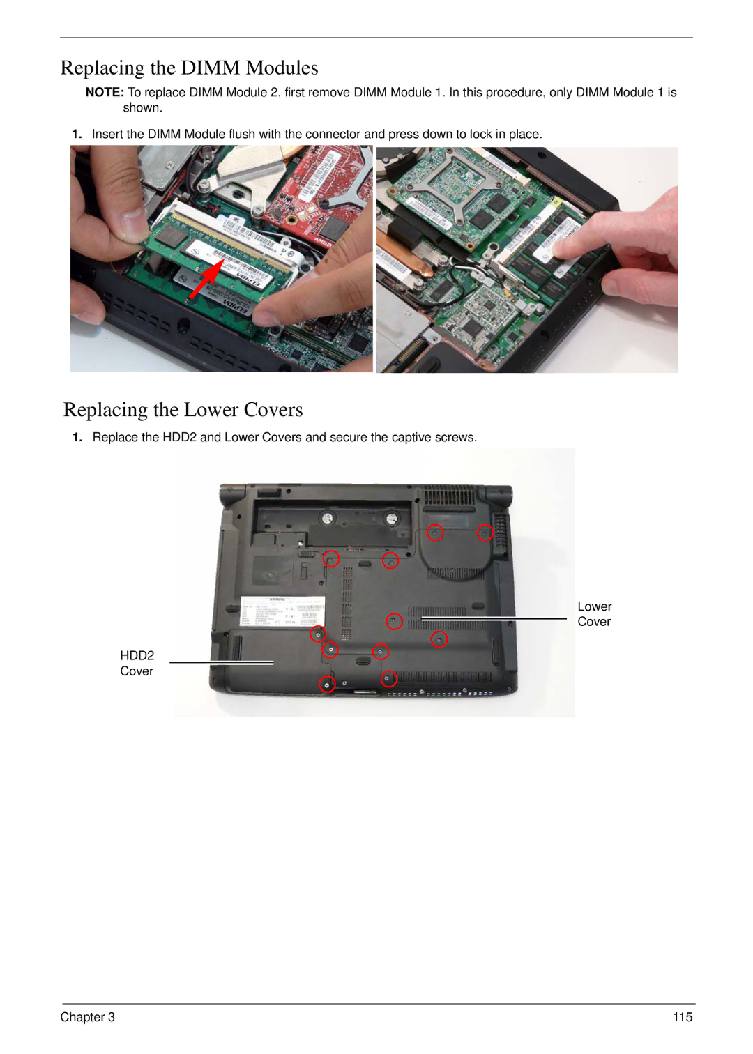 Acer 6530 manual Replacing the Dimm Modules, Replacing the Lower Covers 