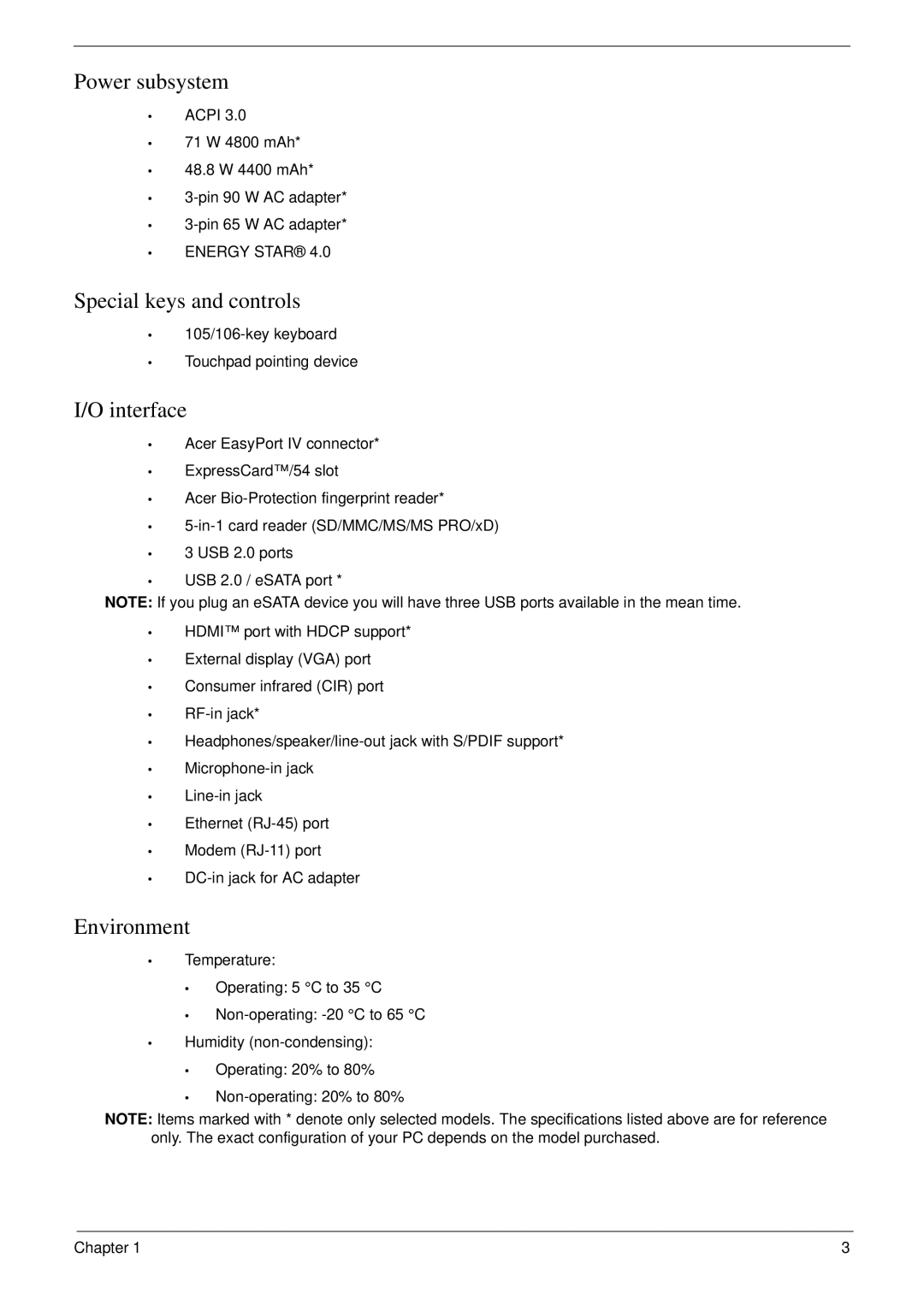 Acer 6530 manual Power subsystem, Special keys and controls, Interface, Environment, Energy Star 