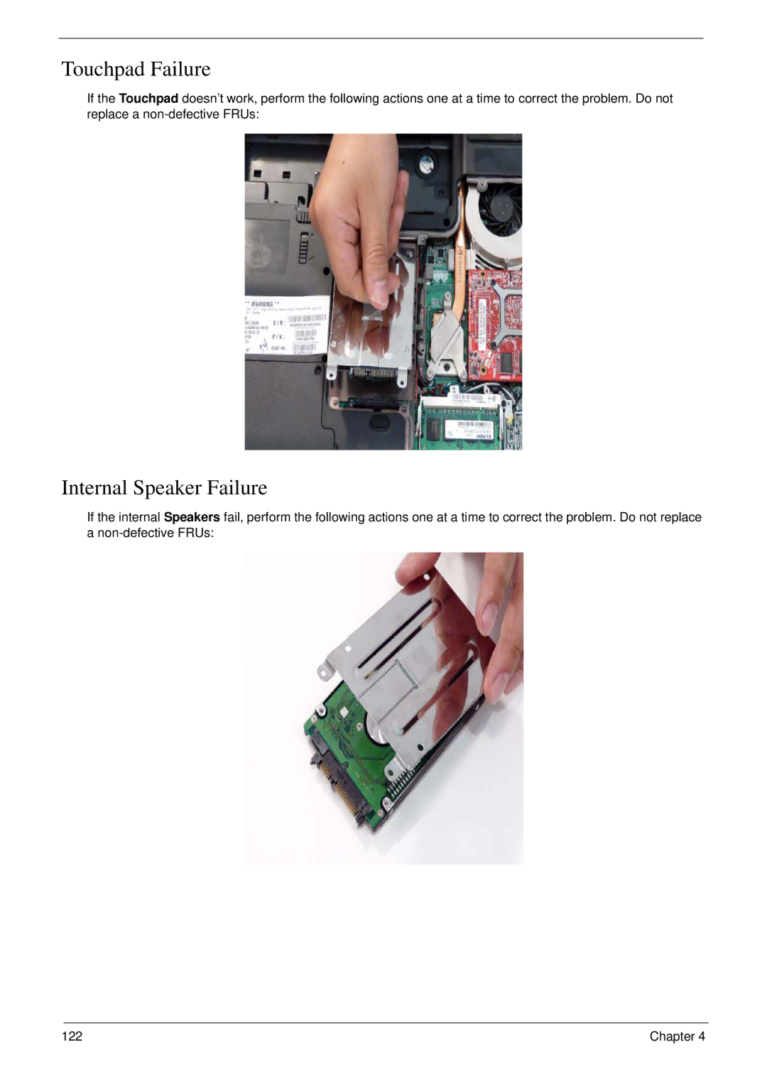 Acer 6530 manual Touchpad Failure, Internal Speaker Failure 