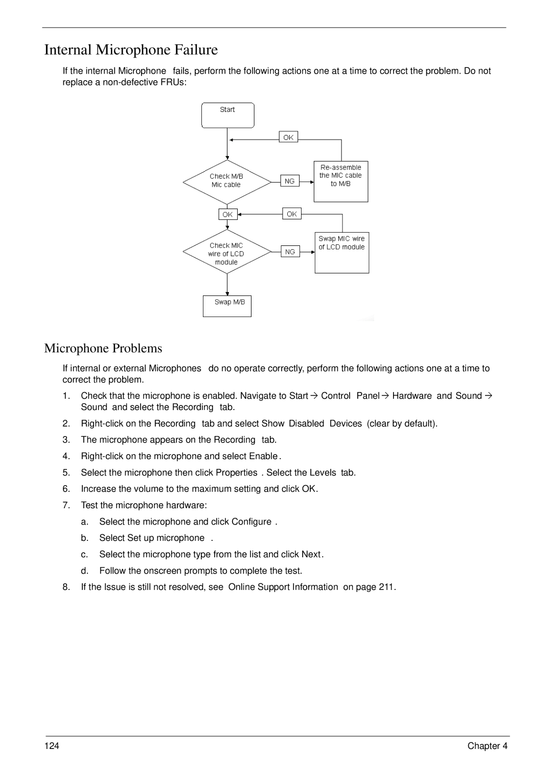 Acer 6530 manual Internal Microphone Failure, Microphone Problems, Select Set up microphone 