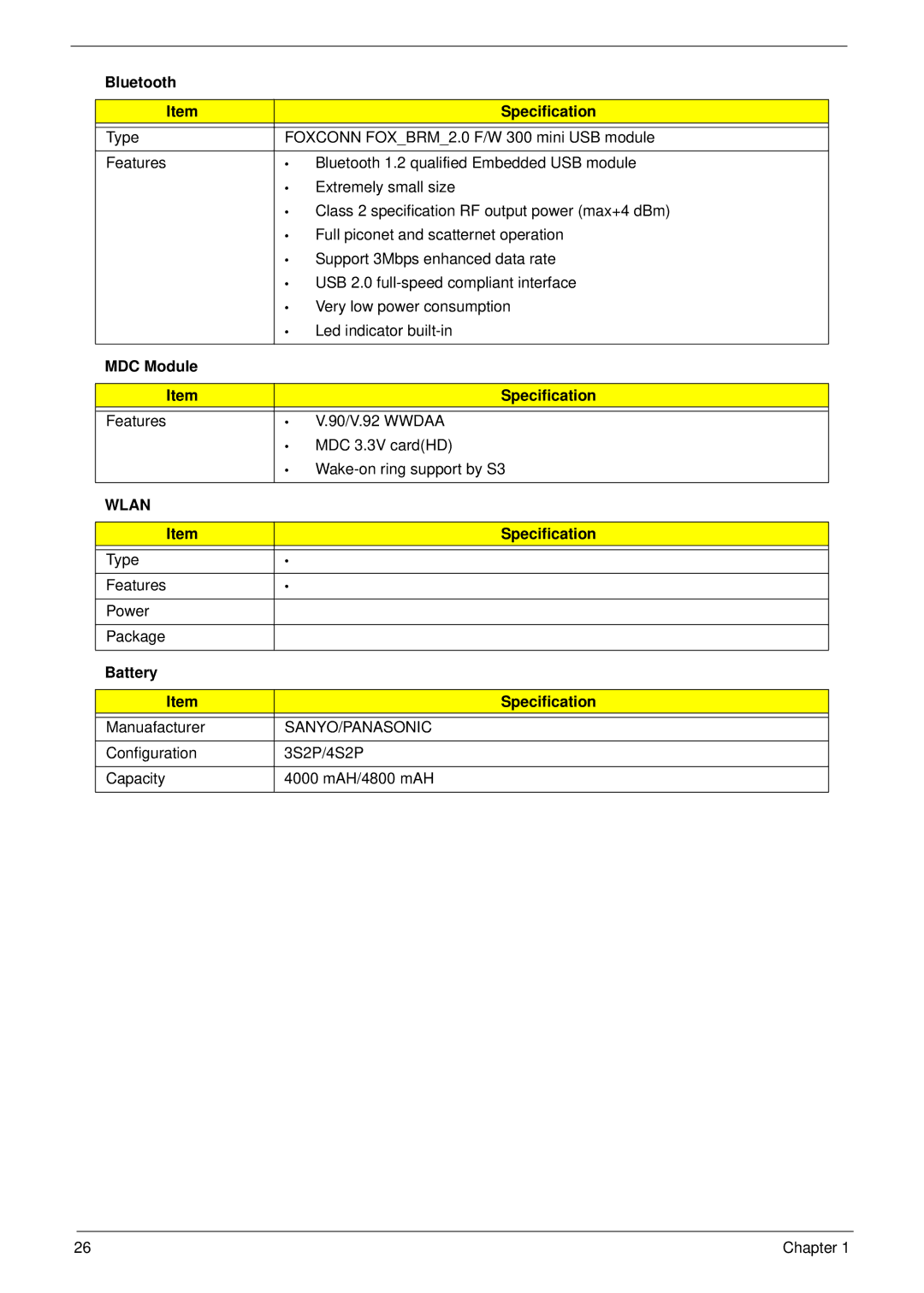 Acer 6530 manual Bluetooth Specification, MDC Module Specification, Battery Specification, Sanyo/Panasonic 