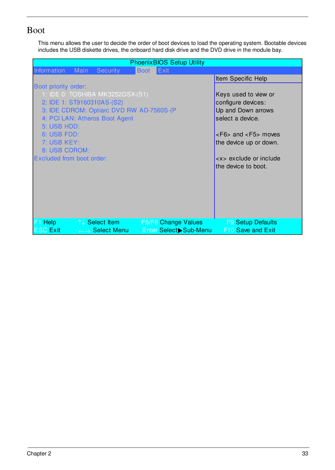 Acer 6530 manual Boot, IDE 0 Toshiba MK3252GSX-S1 