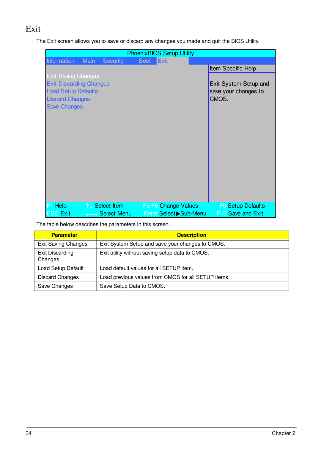 Acer 6530 manual Exit, Information Main Security Boot 