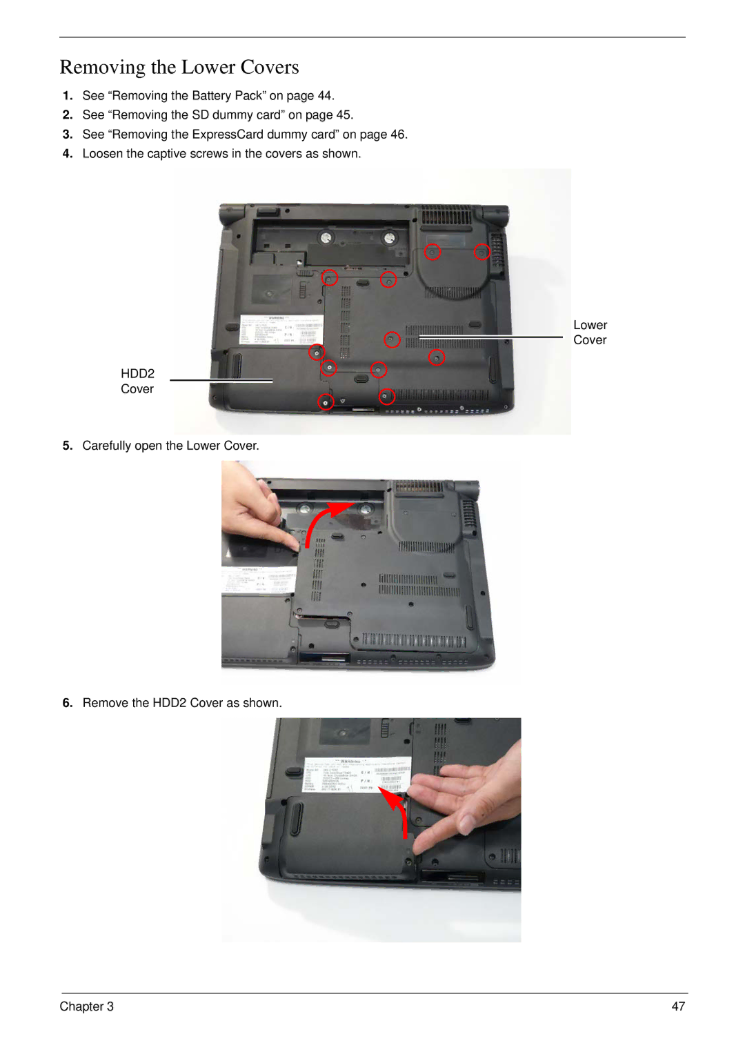 Acer 6530 manual Removing the Lower Covers, HDD2 