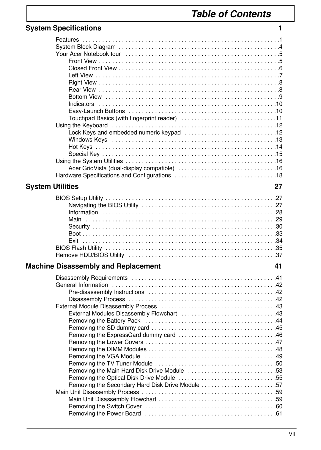 Acer 6530 manual Table of Contents 