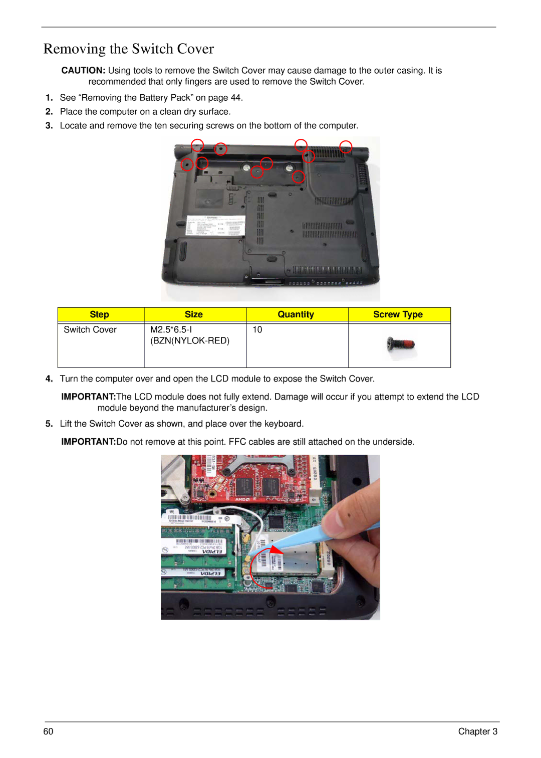 Acer 6530 manual Removing the Switch Cover, Step Size Quantity Screw Type 