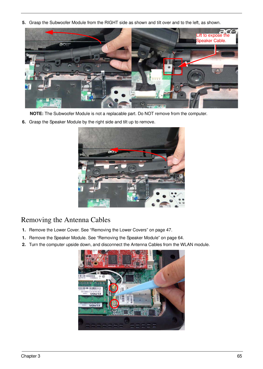 Acer 6530 manual Removing the Antenna Cables 