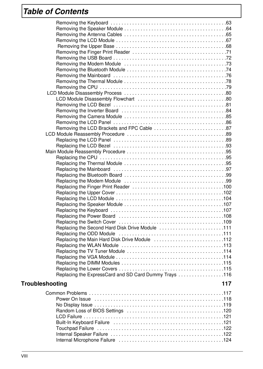 Acer 6530 manual Troubleshooting 117, Viii 