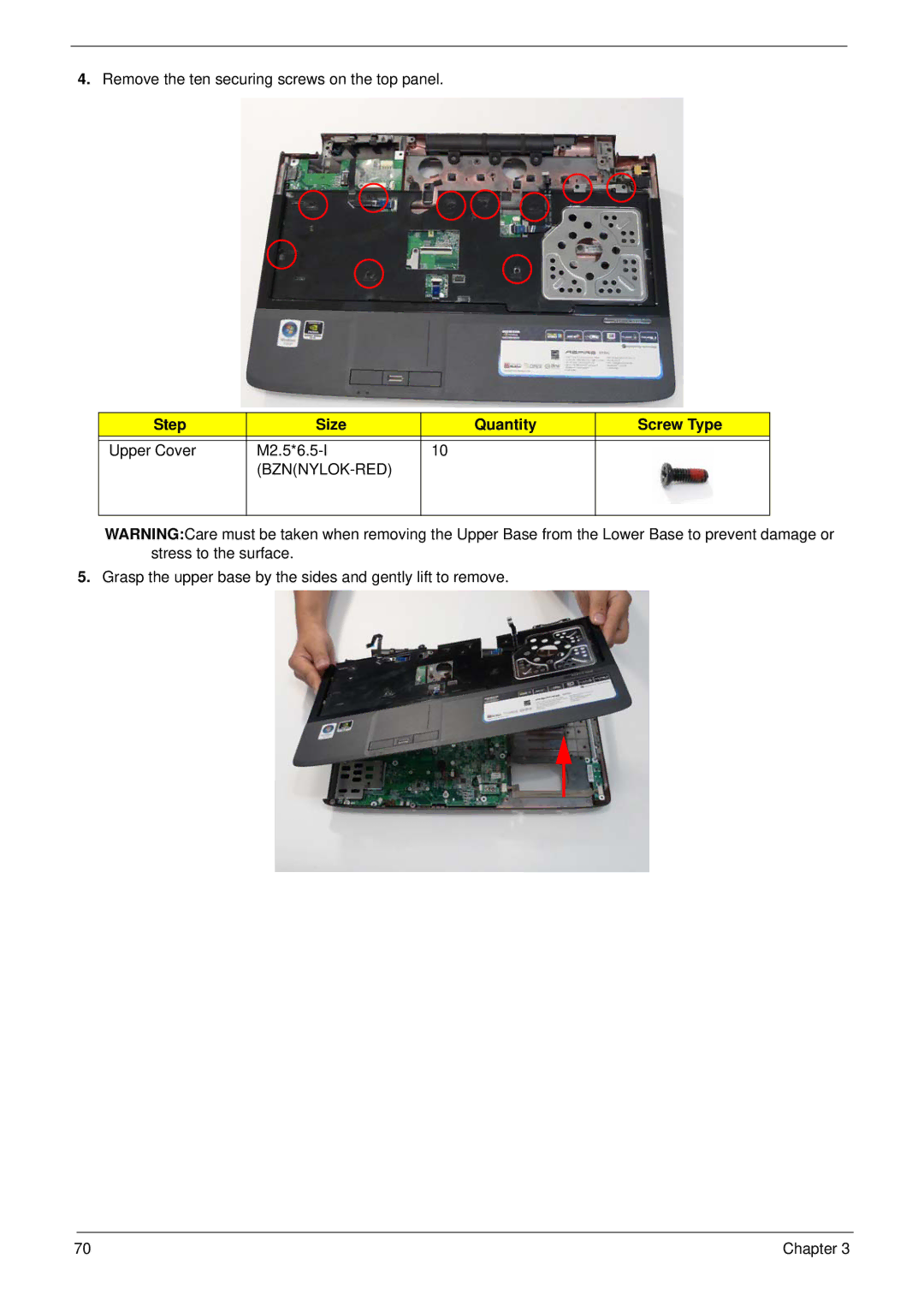 Acer 6530 manual Remove the ten securing screws on the top panel 